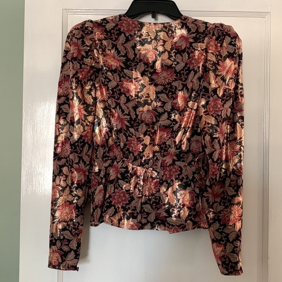 𝅺EXPRESS Metallic Printed Faux Wrap Front Peplum Top - Picture 12 of 13